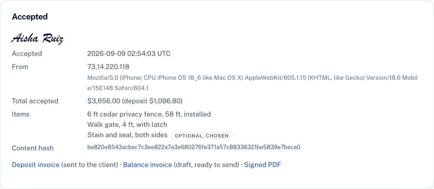 What the business sees after acceptance: the signed name, time, chosen add-ons, and links to the deposit invoice already sent and the balance invoice waiting as a draft