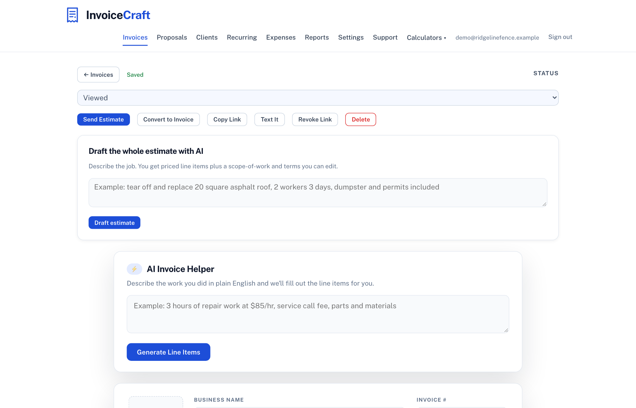 An estimate in the editor with the AI draft panel: describe the job and get priced line items, a scope of work, and terms