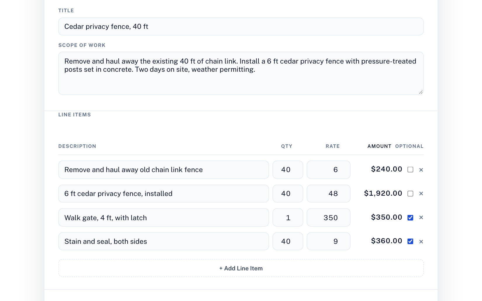 The proposal editor: title, scope of work, and priced line items with two add-ons marked optional