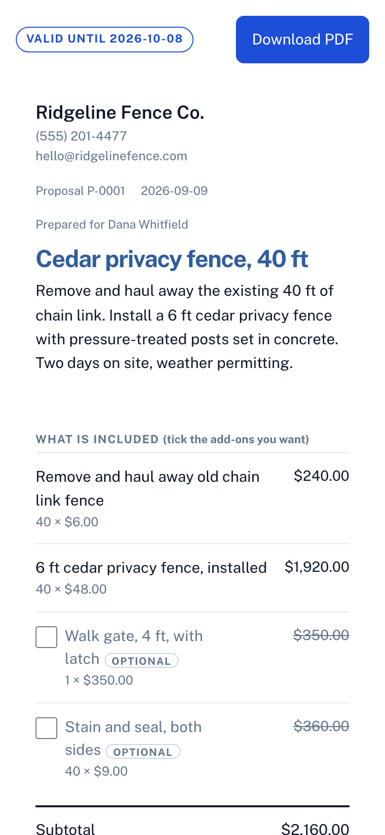 The customer's phone: the scope, the included items, and the optional add-ons as checkboxes