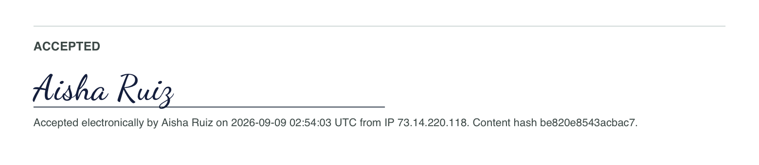 The signed PDF footer: the typed name rendered in script above the acceptance line with the time, IP address, and content hash